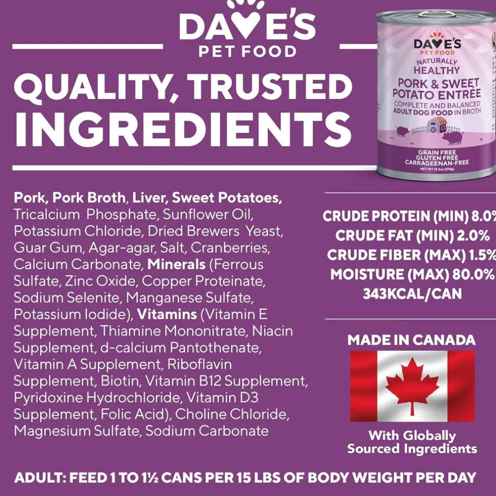 Dave's Pet Food Pork & Sweet Potato Entree in Broth Grain-Free Canned Wet Dog Food, 13-oz can, case of 12