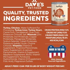 Dave's Pet Food 95% Premium Turkey & Chicken Pate Limited Ingredient Grain-Free Canned Wet Dog Food, 12.5-oz can, case of 12