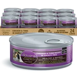 Dave's Pet Food Saucey Pate Chicken & Tuna Recipe Grain-Free Canned Wet Cat Food, 5.5-oz can, case of 24