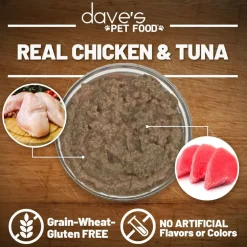 Dave's Pet Food Saucey Pate Chicken & Tuna Recipe Grain-Free Canned Wet Cat Food, 5.5-oz can, case of 24