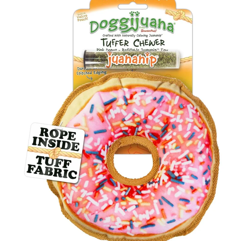 Doggijuana Tuffer Chewer Refillable Juananip Donut Tough Squeaky Dog Plush Toy, 1 count