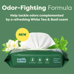 Earth Rated Hypoallergenic Dog Grooming Wipes, White Tea & Basil Scented (100 count)