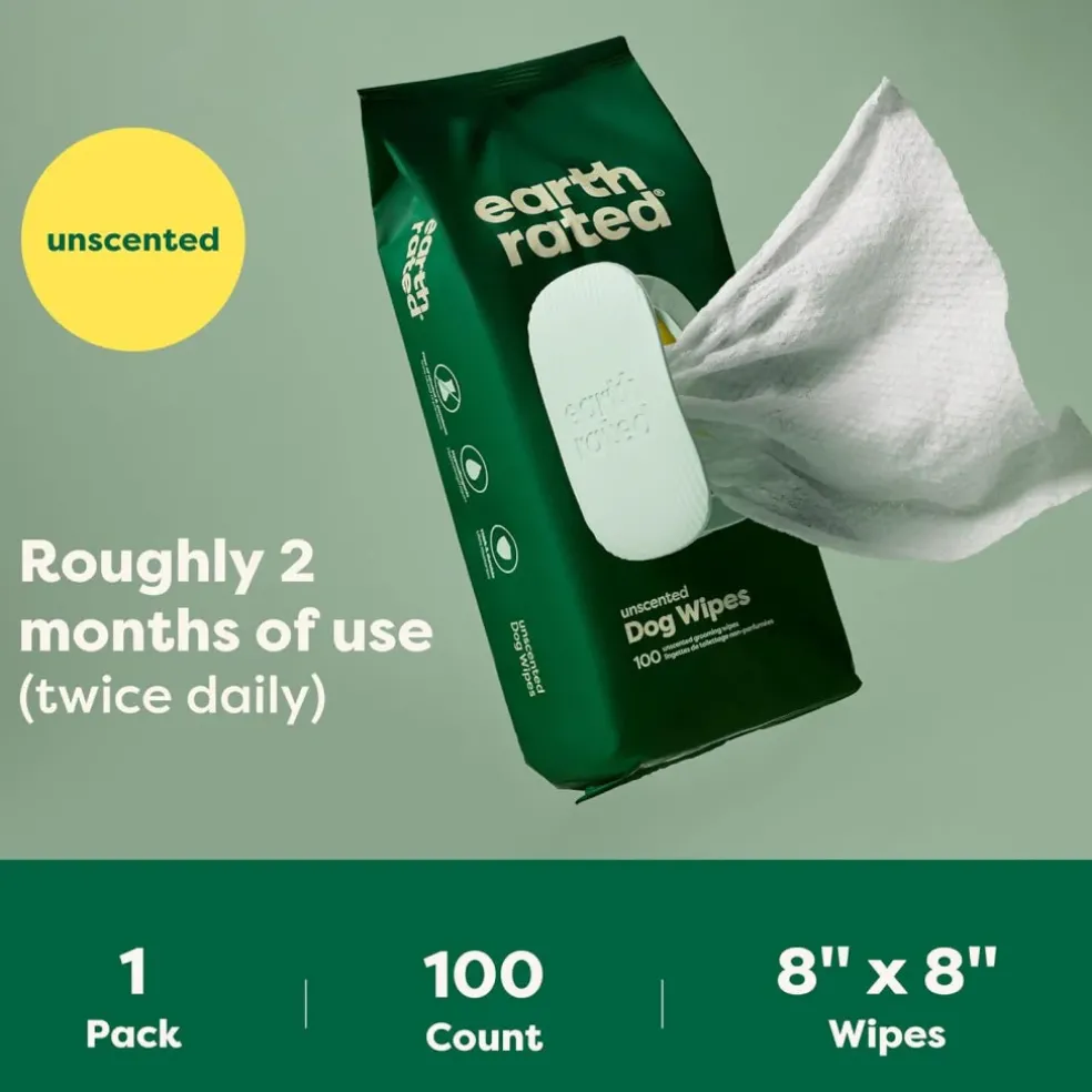Earth Rated Hypoallergenic Dog Grooming Wipes, Unscented (100 count)