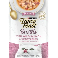Fancy Feast Classic Broths with Wild Salmon & Vegetables Supplemental Wet Cat Food Pouches, 1.4-oz pouch, case of 16