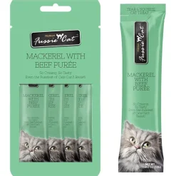 Fussie Cat Mackerel with Beef Puree Lickable Cat Treats, 0.5-oz x 4-tubes