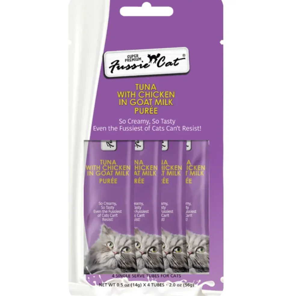 Fussie Cat Tuna with Chicken in Goat Milk Puree Lickable Cat Treats, 0.5-oz x 4-tubes