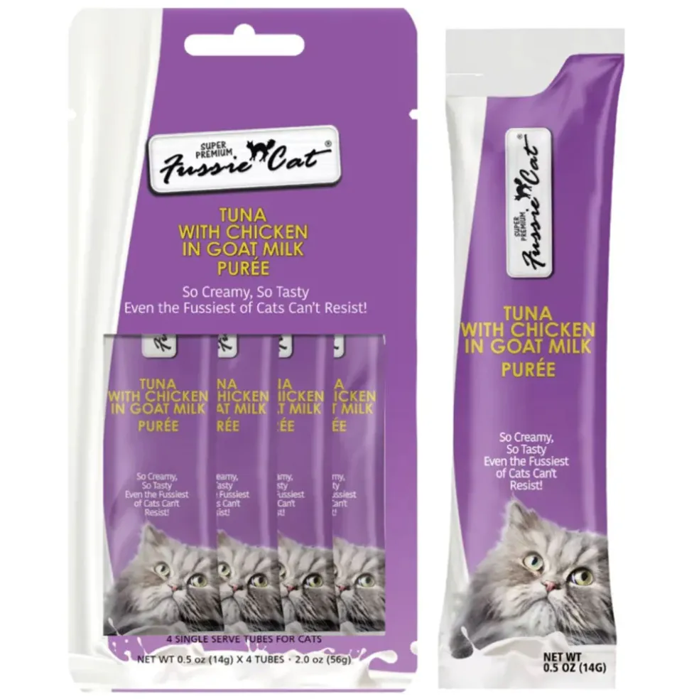 Fussie Cat Tuna with Chicken in Goat Milk Puree Lickable Cat Treats, 0.5-oz x 4-tubes