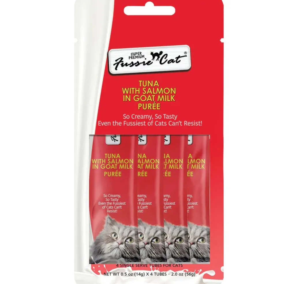 Fussie Cat Tuna with Salmon in Goat Milk Puree Lickable Cat Treats, 0.5-oz x 4-tubes
