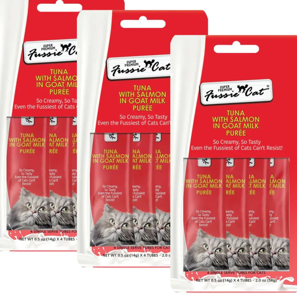 Fussie Cat Tuna with Salmon in Goat Milk Puree Lickable Cat Treats, 0.5-oz x 4-tubes