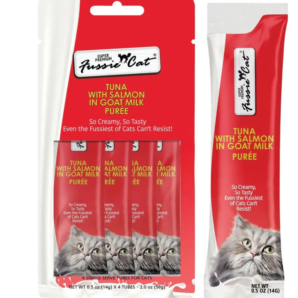 Fussie Cat Tuna with Salmon in Goat Milk Puree Lickable Cat Treats, 0.5-oz x 4-tubes