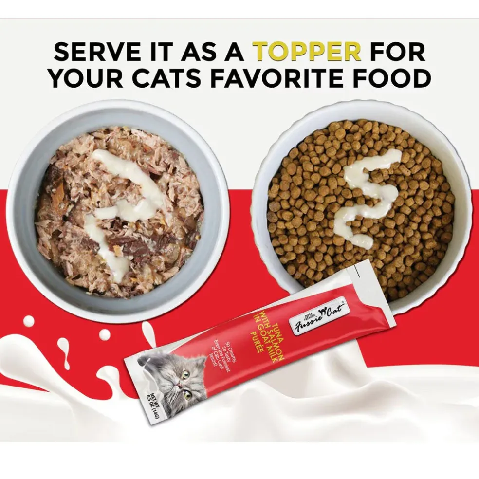 Fussie Cat Tuna with Salmon in Goat Milk Puree Lickable Cat Treats, 0.5-oz x 4-tubes