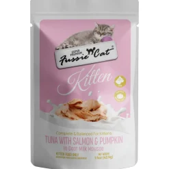 Fussie Cat Tuna with Salmon in Goat Milk Shreds Kitten Pouch, 1.5-oz case of 12