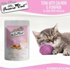 Fussie Cat Tuna with Salmon in Goat Milk Shreds Kitten Pouch, 1.5-oz case of 12