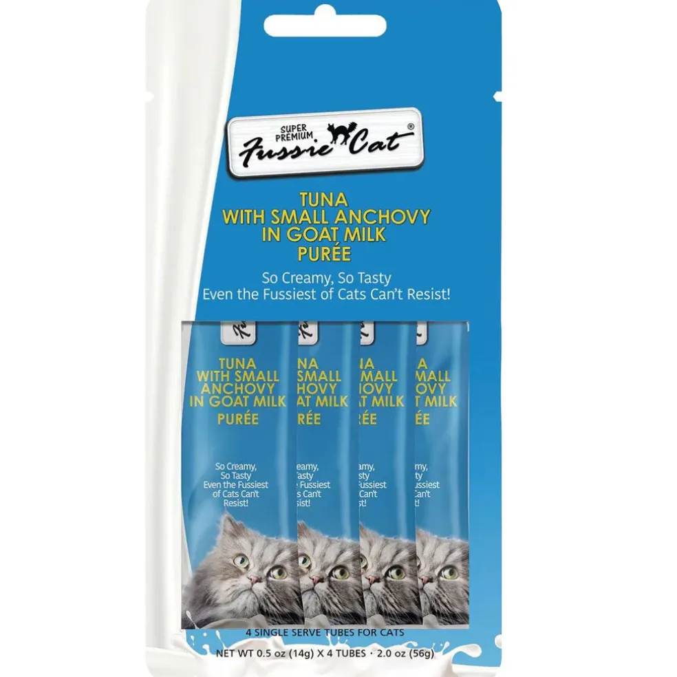 Fussie Cat Tuna with Small Anchovy in Goat Milk Puree Lickable Cat Treats, 0.5-oz x 4-tubes