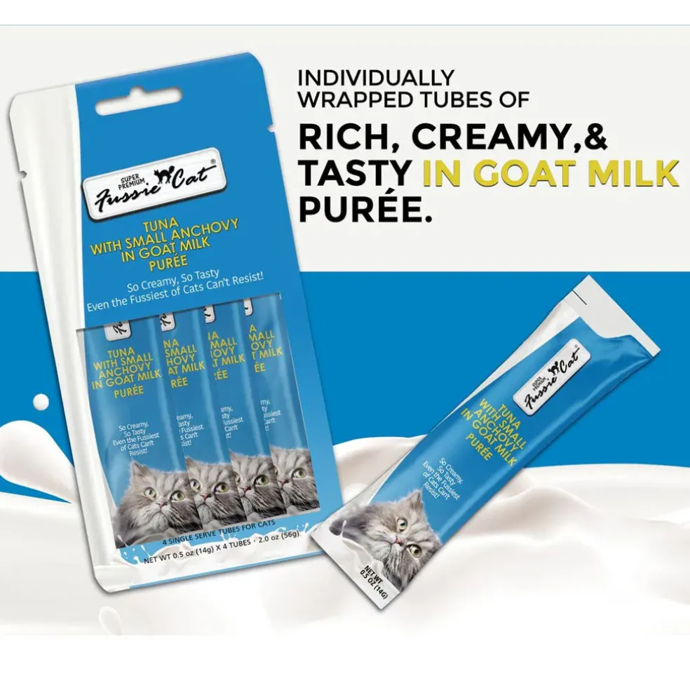 Fussie Cat Tuna with Small Anchovy in Goat Milk Puree Lickable Cat Treats, 0.5-oz x 4-tubes