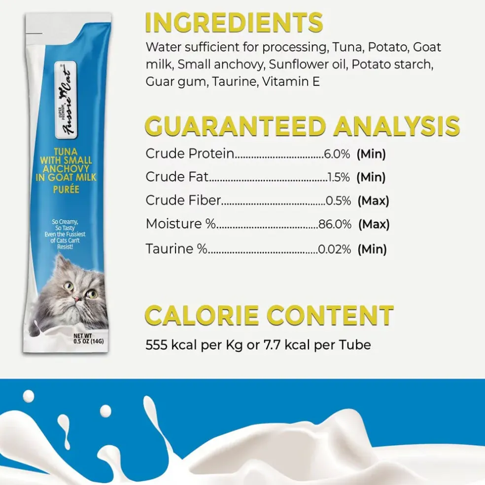 Fussie Cat Tuna with Small Anchovy in Goat Milk Puree Lickable Cat Treats, 0.5-oz x 4-tubes