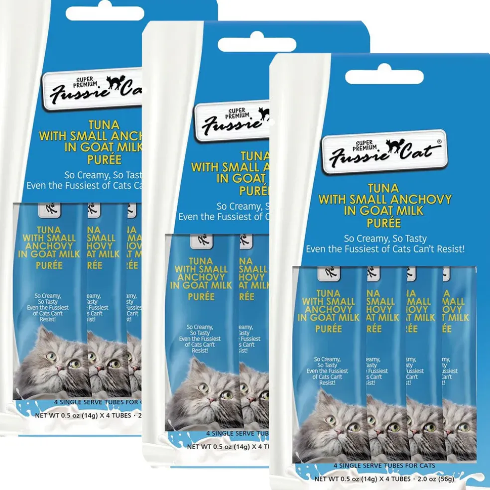 Fussie Cat Tuna with Small Anchovy in Goat Milk Puree Lickable Cat Treats, 0.5-oz x 4-tubes