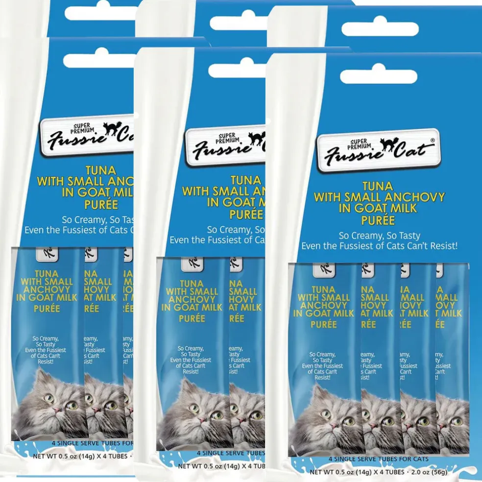 Fussie Cat Tuna with Small Anchovy in Goat Milk Puree Lickable Cat Treats, 0.5-oz x 4-tubes
