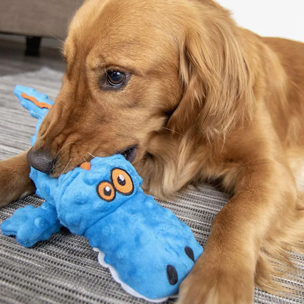 GoDog Gators Chew Guard Squeaky Plush Dog Toy, Blue, Large