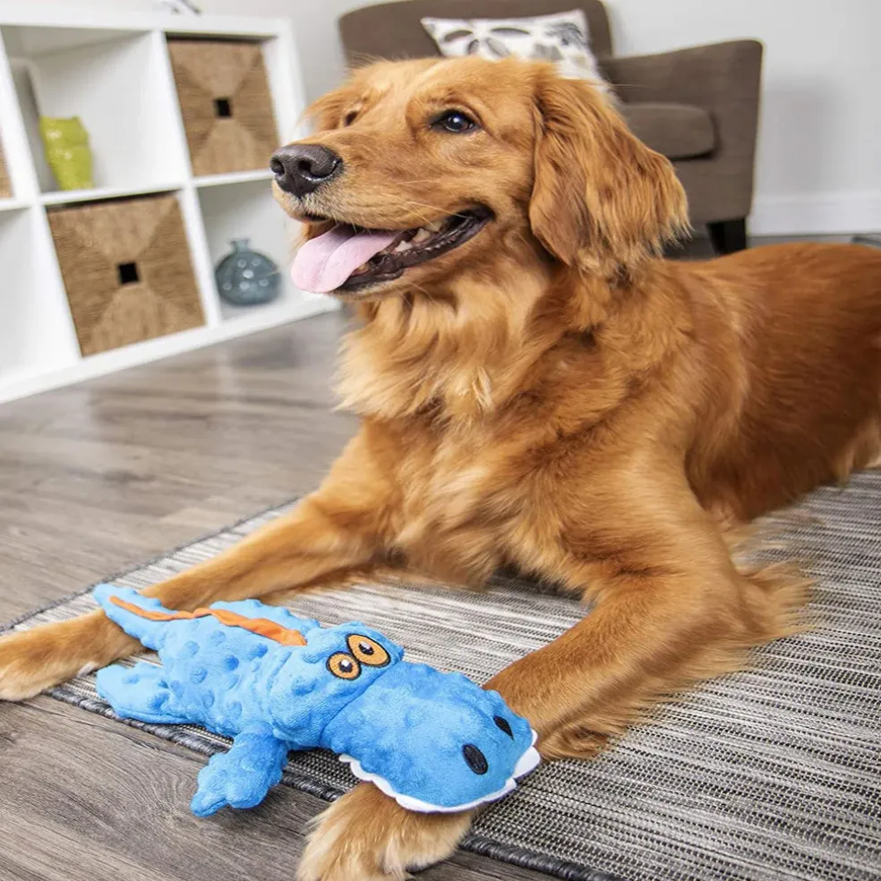 GoDog Gators Chew Guard Squeaky Plush Dog Toy, Blue, Large