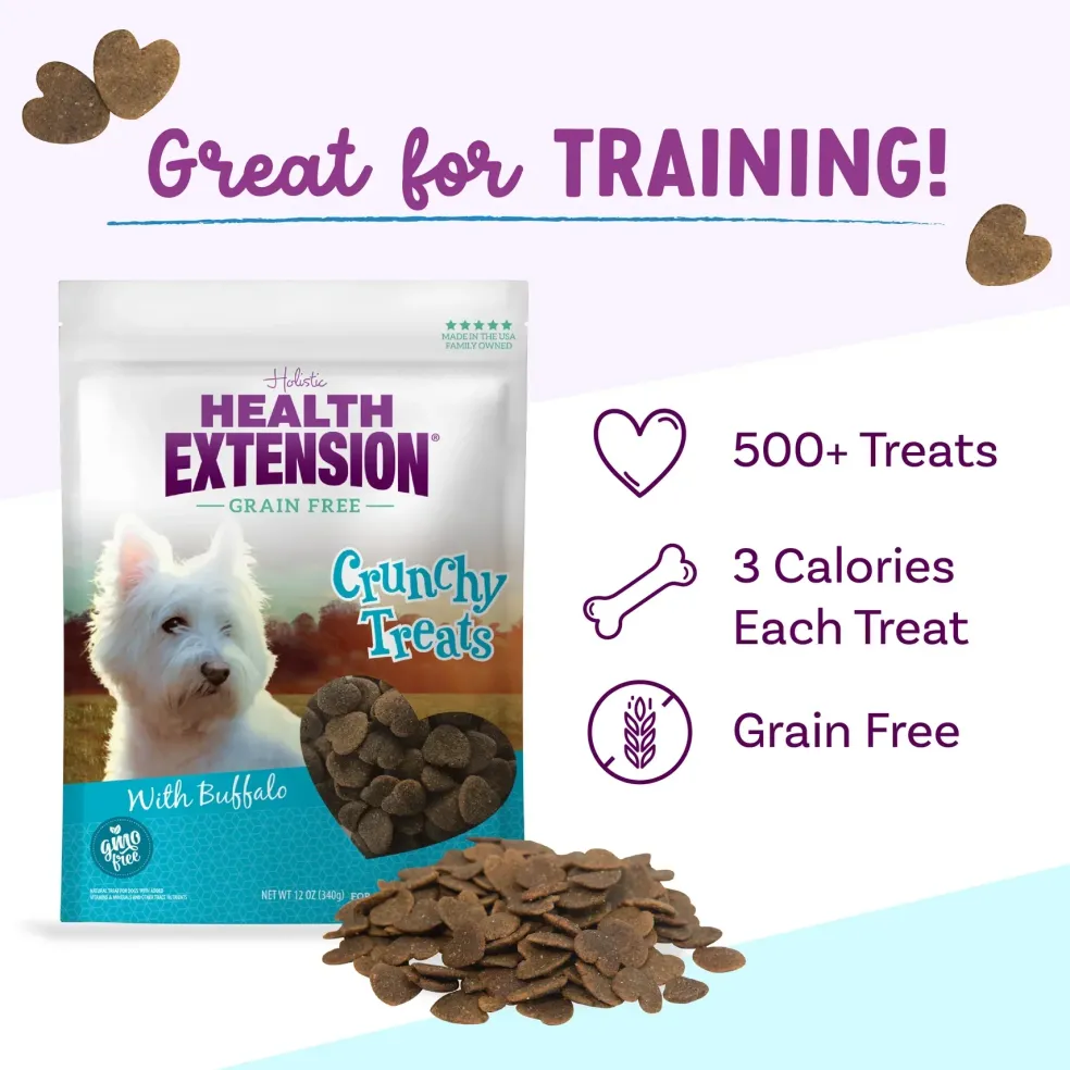 Health Extension Crunchy Heart Shaped Small Treats with Buffalo for Dogs, 12-oz