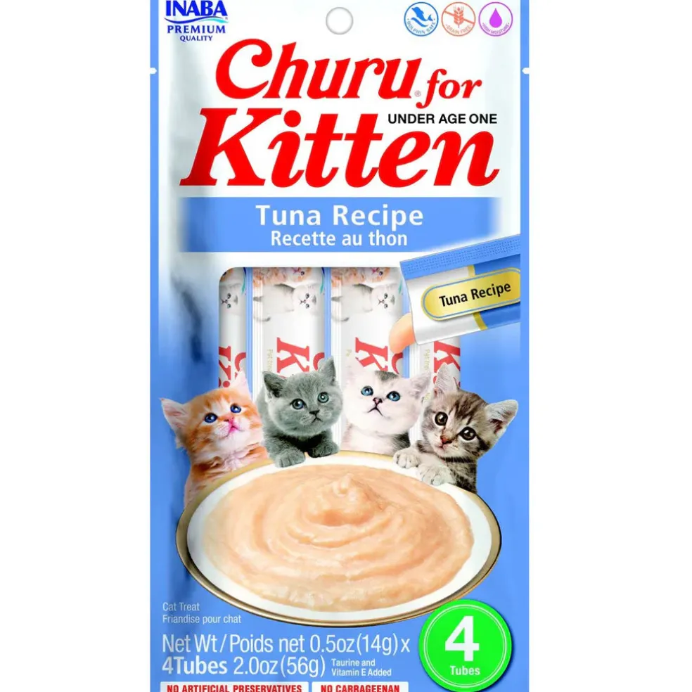 Inaba Churu for Kittens Tuna Recipe Puree Grain-Free Lickable Treat for Cats, 0.5-oz x 4-tubes