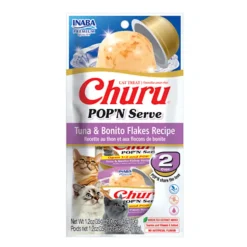 Inaba Churu Pop'n Serve Tuna & Bonita Flakes Recipe Grain-Free Lickable Cat Treats, 1.2-oz cup