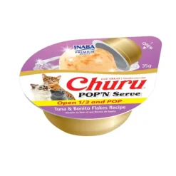 Inaba Churu Pop'n Serve Tuna & Bonita Flakes Recipe Grain-Free Lickable Cat Treats, 1.2-oz cup