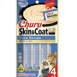 Inaba Churu Skin & Coat Tuna Recipe Grain-Free Lickable Treat for Cats, 0.5-oz x 4-tubes