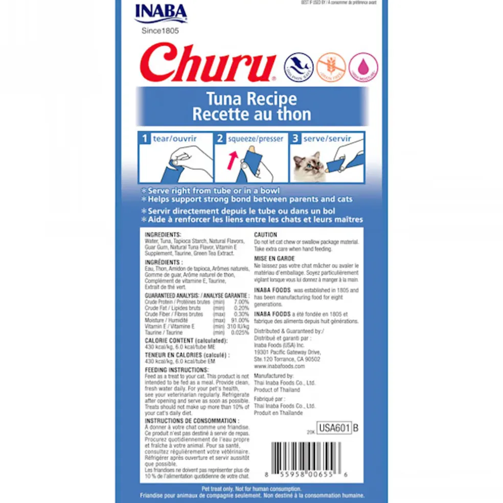 Inaba Churu Tuna Puree Grain-Free Lickable Treat for Cats, 0.5-oz x 4-tubes