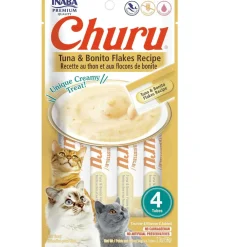 Inaba Churu Tuna with Bonito Flakes Puree Grain-Free Lickable Treat for Cats, 0.5-oz x 4-tubes
