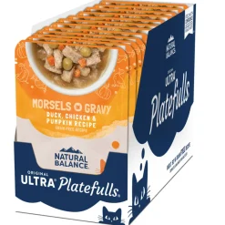 Natural Balance Pet Foods Original Ultra Platefulls Morsels in Gravy Wet Cat Food Pouch Duck, Chicken, & Pumpkin, 3-oz case of 24