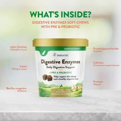 NaturVet Digestive Enzymes Soft Chews Daily Digestive Support with Pre & Probiotic for Dogs, 70 count