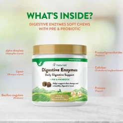 NaturVet Digestive Enzymes Soft Chews Daily Digestive Support Plus Pre & Probiotic for Dogs, 120 count