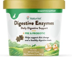 NaturVet Digestive Enzymes Soft Chews Daily Digestive Support with Pre & Probiotic for Cats, 60 count