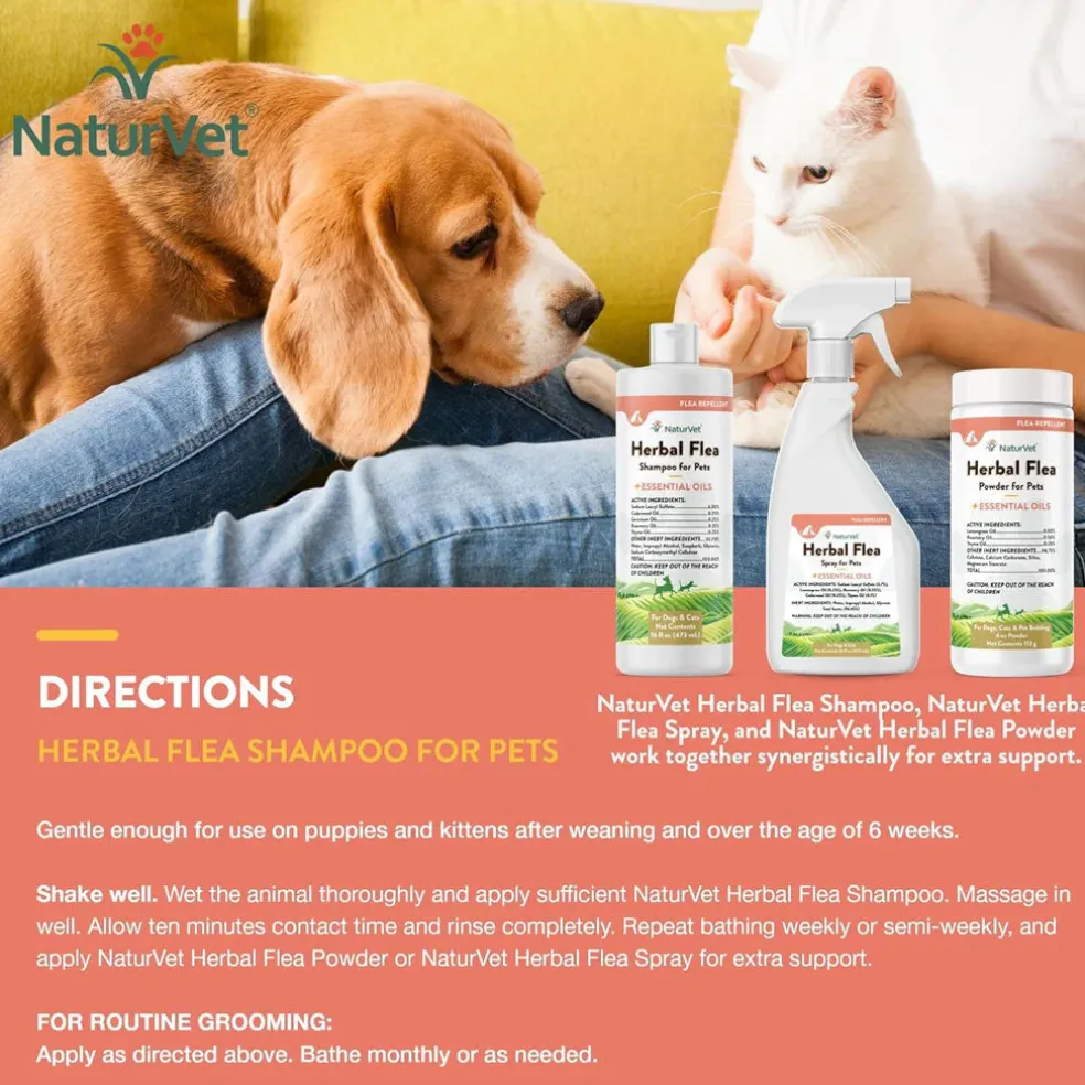 NaturVet Herbal Flea Shampo for Pets Plus Essential Oils for Dogs & Cats, 16-oz