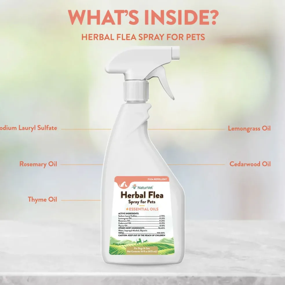 NaturVet Herbal Flea Spray for Pets with Essential Oils for Dogs & Cats, 16-oz