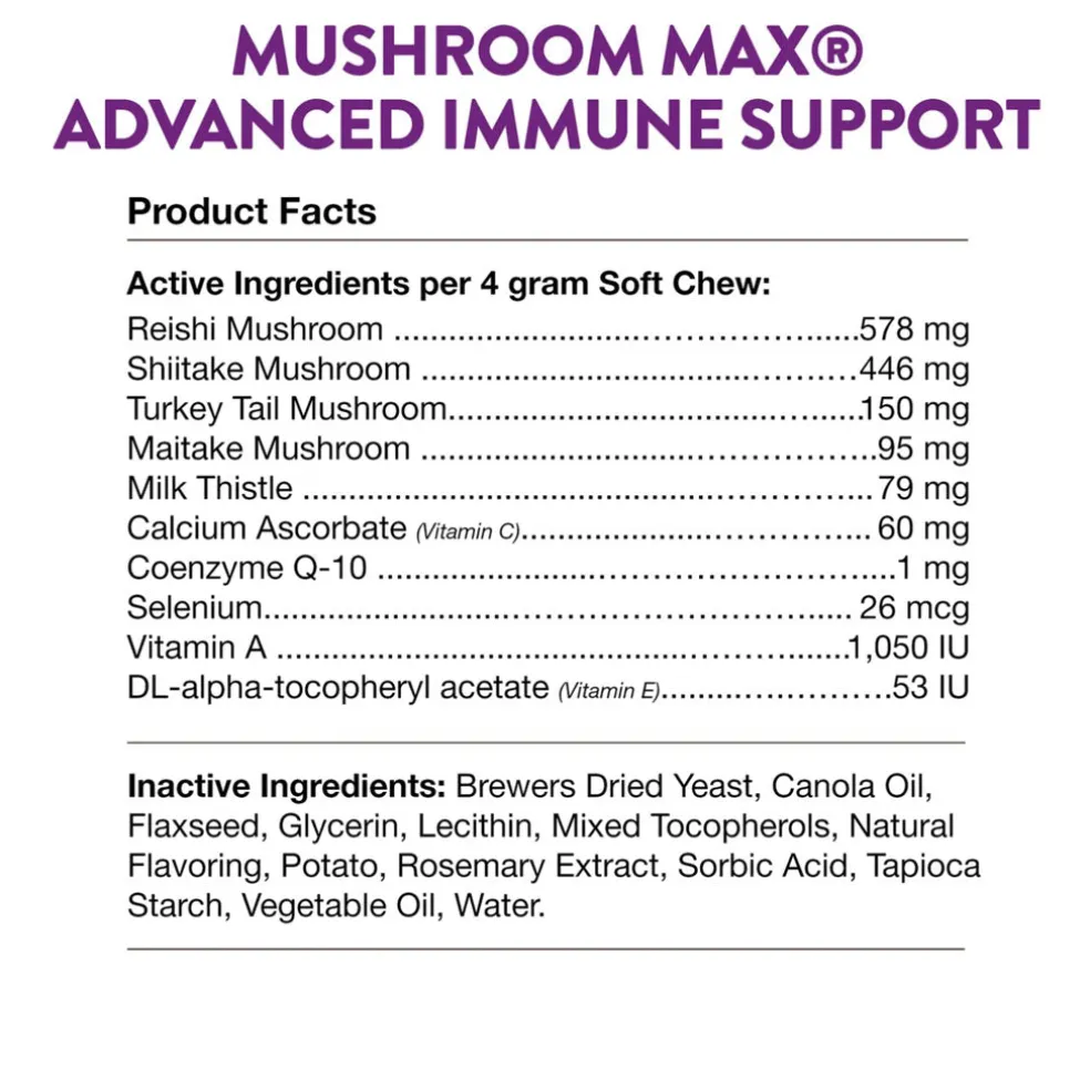 NaturVet Mushroom Max Advanced Immune Support Soft Chews for Dogs & Cats, 60 count