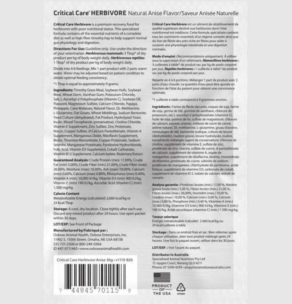 Oxbow Animal Health Critical Care Herbivore Anise Flavor