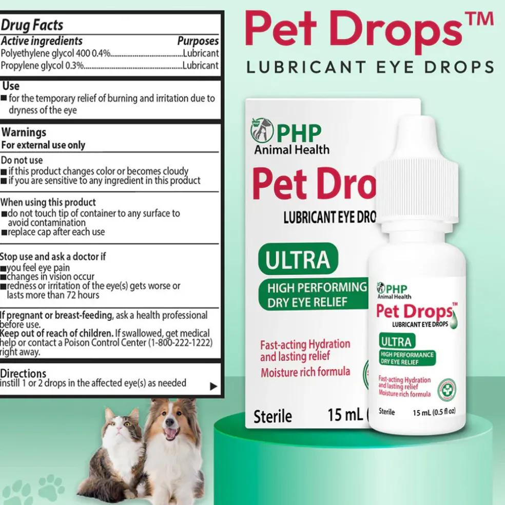 PHP Animal Health Pet Drops Lubricant Eye Drops for Dogs & Cats, 15-ml