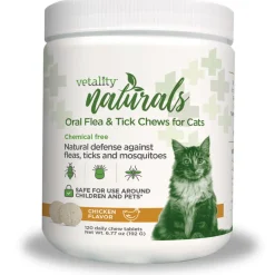 TevraPet Vetality Naturals Oral Flea & Tick Chews for Cats, Chicken Flavor, 120 count