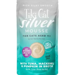 Tiki Cat Silver Mousse Tuna, Mackerel & Pumpkin Grain-Free Pate in Broth Wet Cat Food, 2.8-oz pouch, case of 12