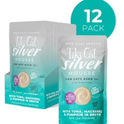 Tiki Cat Silver Mousse Tuna, Mackerel & Pumpkin Grain-Free Pate in Broth Wet Cat Food, 2.8-oz pouch, case of 12
