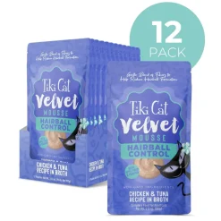 Tiki Cat Velvet Mousse Hairball Control Chicken & Tuna Recipe Wet Cat Food (2.8 oz x 12 pouches)