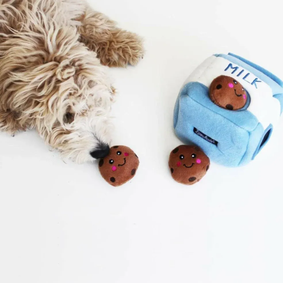 Zippy Paws Burrow Interactive Squeaky Hide and Seek Plush Milk and Cookies Toy for Dogs
